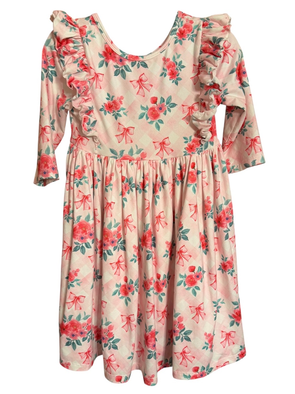 Mika & Rose Pink Floral & Bows Ruffle Long-Sleeve Dress Size 5/6